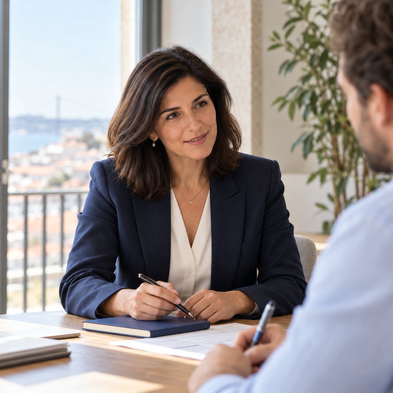 Consultora ouve um empresário numa primeira conversa, com vista sobre Lisboa (imagem ilustrativa)