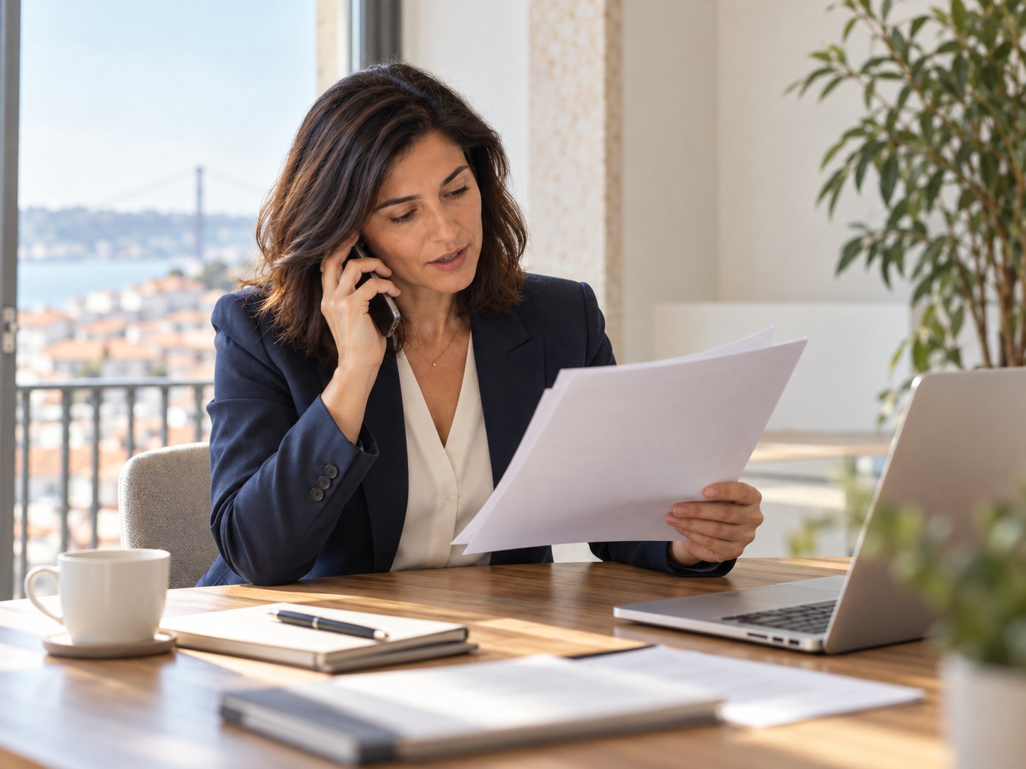 Empresária ao telefone consulta documentos fiscais no escritório, com vista sobre Lisboa (imagem ilustrativa)