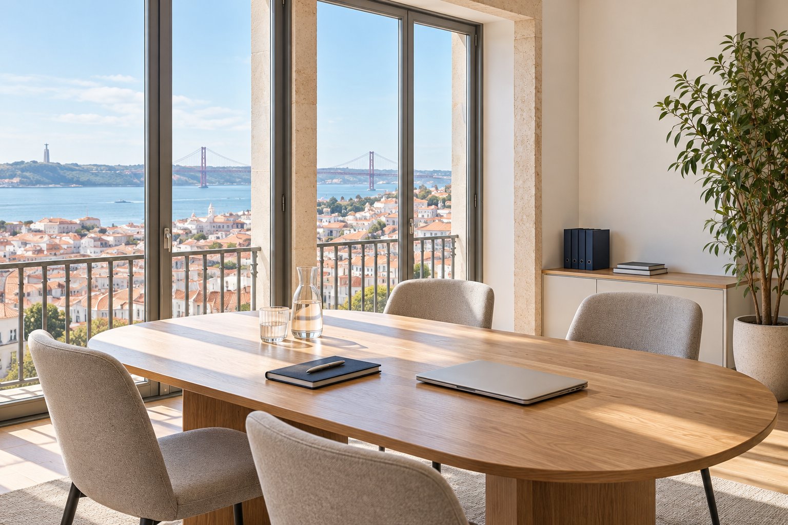 Sala de reuniões luminosa com vista sobre Lisboa, o Tejo e a Ponte 25 de Abril (imagem ilustrativa)